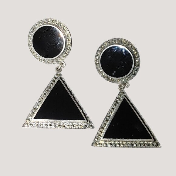 Vintage Sterling Silver Black Onyx Triangle Drop Earrings Round Studs Marcasite - Picture 3 of 12